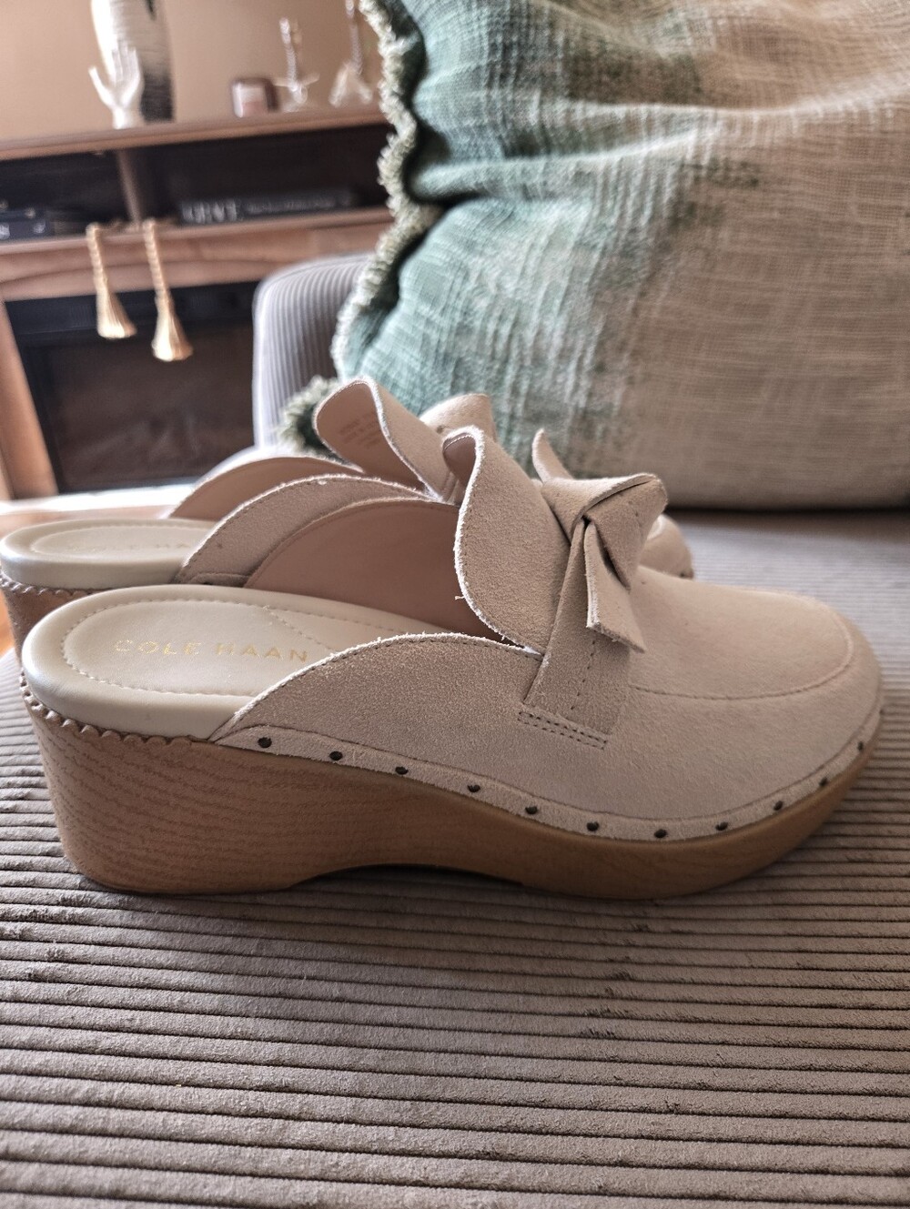Cole Haan Beige Suede Slip-On Mules with Knotted Strap